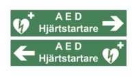 Skylt "AED Hjärtstartare" med pil, höger/vänster, dubbelsidig