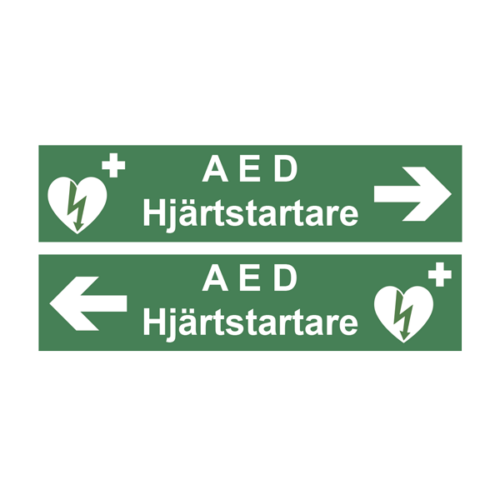 Skylt "AED Hjärtstartare" med pil, höger/vänster, dubbelsidig