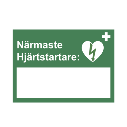 Skylt "Närmaste hjärtstartare" med skrivfält, A4-storlek, dubbelsidig